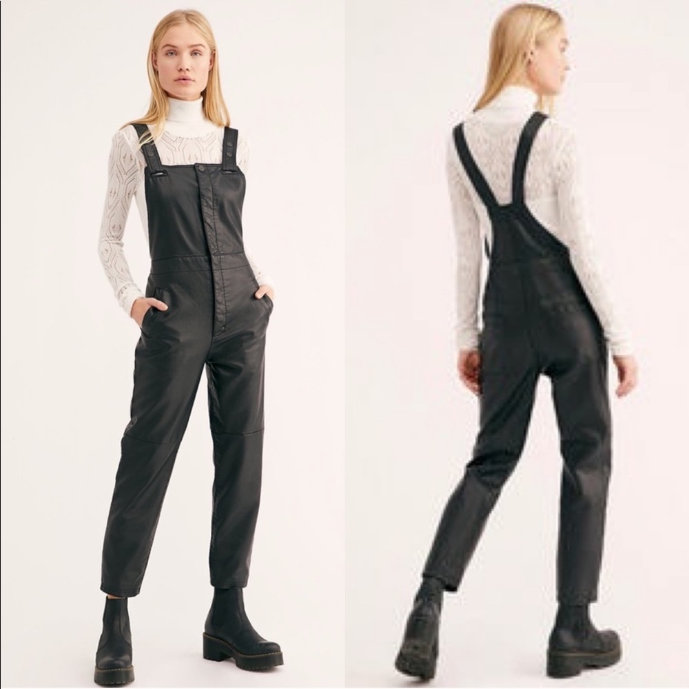 NEW Free People Mod Moto Black Leather Overalls